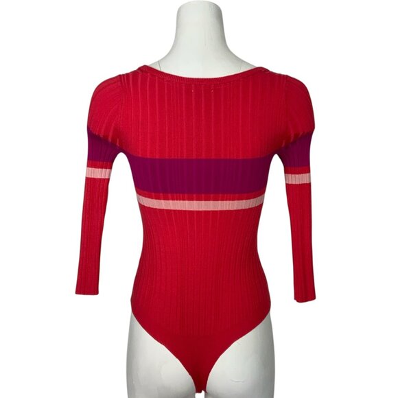 Free People Intimately Cocoa Bodysuit S Red Combo Striped Ribbed Knit Henley - Picture 2 of 14